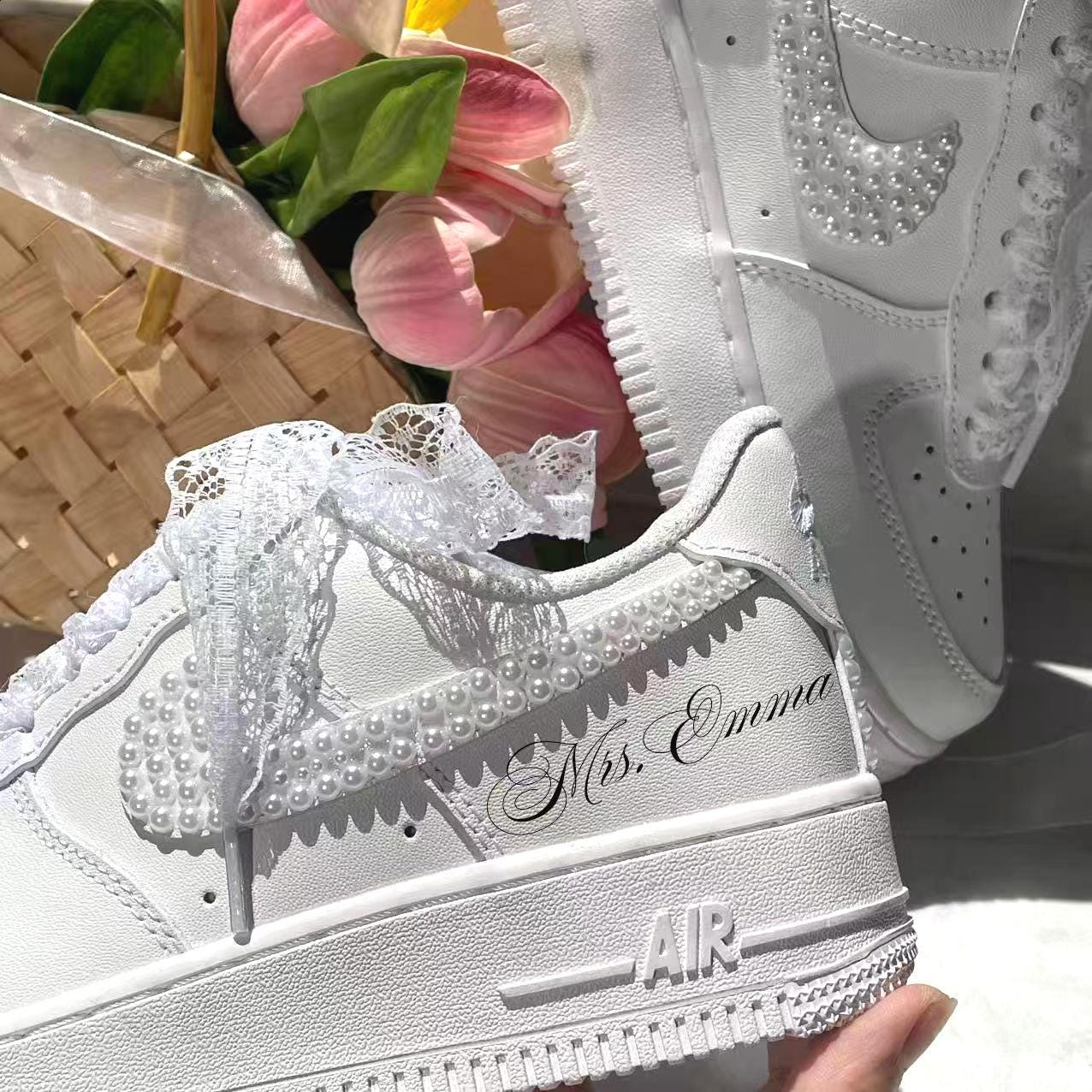 Pearl Wedding Tennis Shoes, Personalized Bridal Sneakers with Name Date, White Lace Ribbon Bride Shoes, Reception Sneakers, Handmade Gift