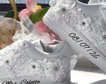 Personalized Bridal Sneakers, Custom Name Wedding Shoes, Floral Lace Applique Bride Shoes, Initial Date Heel Reception Shoes