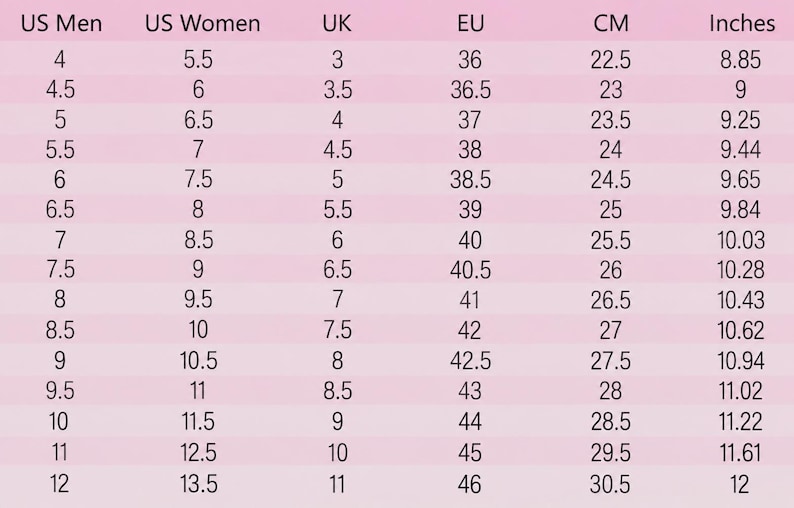 May include: A shoe size conversion chart on a light pink background with columns for US Men, US Women, UK, EU, CM, and Inches. The table lists numerical values ranging from 4 to 12 for US Men and 5.5 to 13.5 for US Women, with corresponding international sizes.