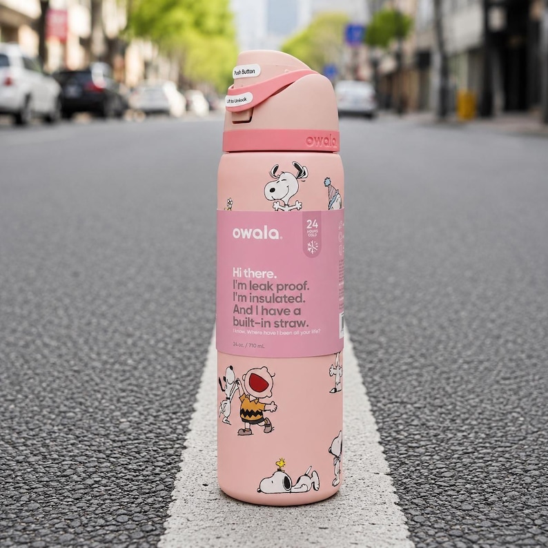 May include: A light pink Owala insulated water bottle featuring a Peanuts character print with Snoopy and Charlie Brown. The bottle has a push-button lid with a locking mechanism, a built-in straw, and a label stating 24 ounces and 710 milliliters.