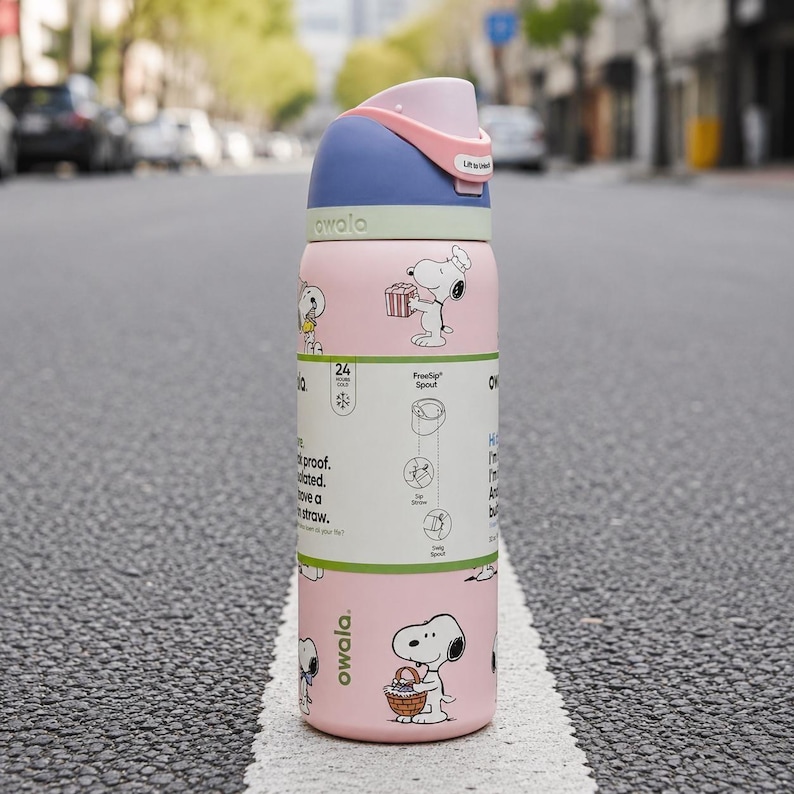 May include: A light pink Owala water bottle featuring a Snoopy print, a blue and pink lid with a FreeSip spout, and a white informational label wrapped around the center. The bottle displays various Snoopy illustrations and text details.