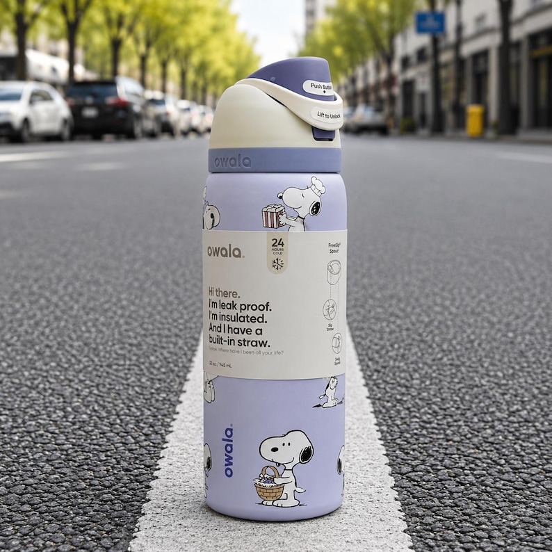 May include: A light purple Owala insulated water bottle featuring Snoopy graphics, a cream-colored push-button lid, and a built-in straw. The bottle includes a product label stating 24 hours cold and 24 oz / 710 mL capacity with leak-proof features.