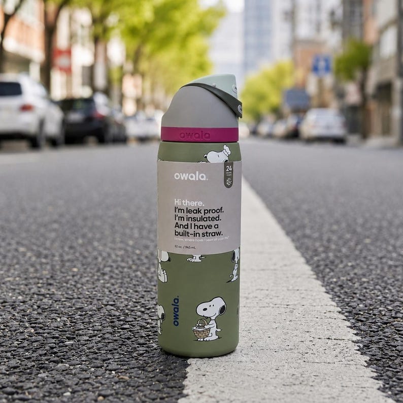 May include: An olive green Owala insulated water bottle featuring a Snoopy graphic and a gray lid with a pink accent. The bottle includes a label with the text: Hi there. I'm leak proof. I'm insulated. And I have a built-in straw. It holds 32 oz.