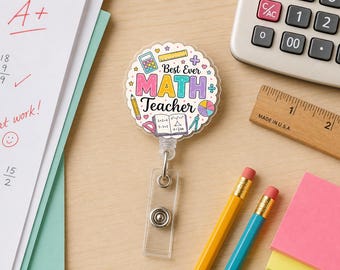 Porta badge in acrilico per insegnanti di matematica: porta badge retrattile con bordo smerlato.