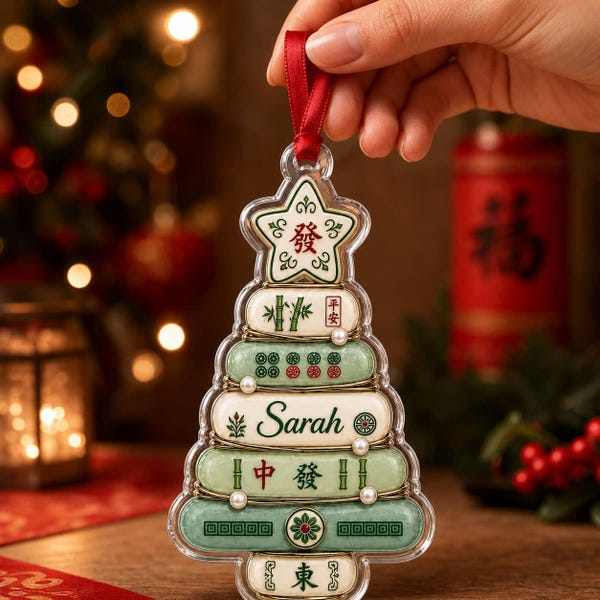 Personalized Mahjong Tree Acrylic Ornament: Custom Name Jade Tile Holiday Charm