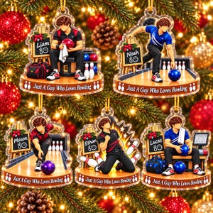 Personalized Bowling Christmas Ornament, Custom Name Male Bowler Sports Player Tree Decor