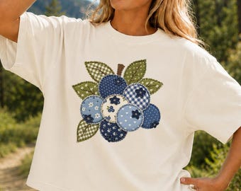 Comfort Colors Boxy Tee, Blueberry Patchwork Shirt, Cottagecore Fruit Graphic Tee, Cute Summer Berry Top, Botanical Gift For Her