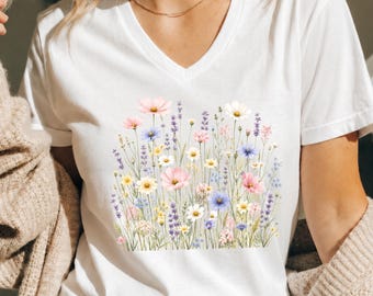 Wildflower T-Shirt for Women | Minimal Floral Bella+Canvas V-Neck Tee | Nature Inspired Botanical Shirt | Soft Aesthetic Outfit