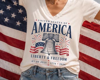 America Liberty Bell Bella Canvas V-Neck Shirt, 4th Of July Patriotic Tee, Liberty And Freedom USA Vneck, 1776 2026 Gift Shirt
