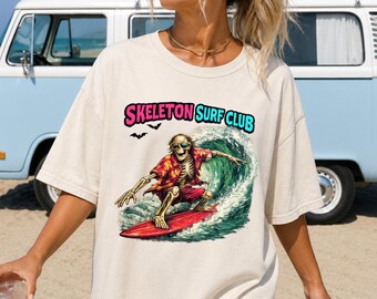 Skeleton Surf Shirt, Comfort Colors Beach Tee, Vintage Surf Club T-Shirt, Spooky Summer Graphic Tee, Coastal Unisex Shirt