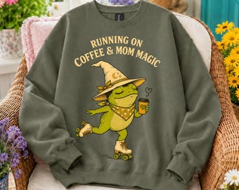 Funny Mom Sweatshirt, Coffee Mom Shirt, Witchy Frog Sweatshirt, Running on Coffee and Mom Magic, Halloween Mom Gift, Unisex Crewneck