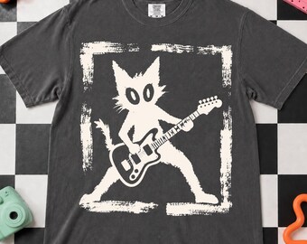 Funny Cat Shirt, Guitar Cat Comfort Colors Tee, Vintage Black Cat Shirt, Rock Music Graphic Tee, Cat Lover Gift, Unisex T-Shir