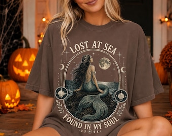 Vintage Mermaid Shirt, Comfort Colors Mermaid Tee, Lost at Sea Shirt, Celestial Ocean Graphic Tee, Mermaid Lover Gift, Coastal Shirt