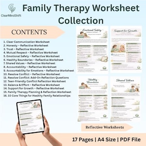 Può includere: Una raccolta digitale di 17 schede di terapia familiare in formato A4 intitolata Family Therapy Worksheet Collection. Il set include 16 documenti distinti che coprono argomenti come la comunicazione, l'onestà, la fiducia e i confini.