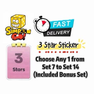 Può includere: Un grafico digitale con un personaggio a forma di dado giallo, un'icona a cronometro con il testo FAST DELIVERY e una carta rettangolare rosa con tre stelle. Il testo recita 3 Star Sticker, Choose Any 1 from Set 7 to Set 14 (Included Bonus Set).