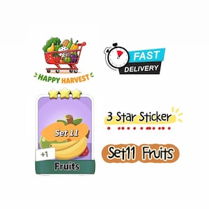 May include: A digital graphic featuring a red shopping cart filled with produce and a die, labeled Happy Harvest. Includes a Fast Delivery stopwatch icon, a 3-star sticker card for Set 11 Fruits with a banana illustration, and text labels.