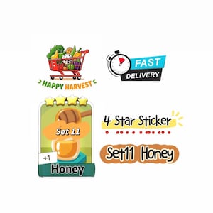May include: A digital graphic featuring a red shopping cart filled with produce and a die, labeled Happy Harvest. Includes a stopwatch icon with the text Fast Delivery, and a four-star sticker card labeled Set 11 Honey with a honey dipper.