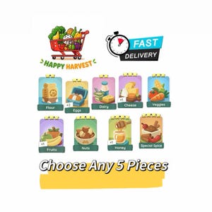 May include: A digital graphic featuring a red shopping cart filled with produce, a stopwatch icon labelled FAST DELIVERY, and the text HAPPY HARVEST. Below are eight cards depicting food items: Flour, Eggs, Dairy, Cheese, Veggies, Fruits, Nuts, Honey, and Special Spice, with the text Choose Any 5 Pieces.