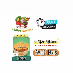 Op de afbeelding: Een digitale afbeelding met een rode winkelwagen vol producten en een dobbelsteen, gelabeld HAPPY HARVEST. Bevat een FAST DELIVERY-icoon met een klok, een 4-sterrensticker en een kaart Set 11 Nuts met een illustratie van een kom met noten.