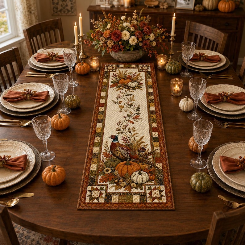 a beautifully set table for a Thanksgiving dinner, with a centerpiece featuring a bird surrounded by autumn foliage and pumpkins. The table is set with plates, glasses, and napkins, and the overall scene conveys a warm and festive atmosphere.