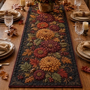 Autumn Floral Quilted Table Runner, Zinnia Dahlia Mum Fall Table Decor, Thanksgiving Farmhouse Dining Centerpiece