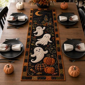 Halloween Ghost Quilt Table Runner, Pumpkin Haunted House Quilted Runner, Spooky Fall Table Decor, Ghost Patchwork Halloween Runner