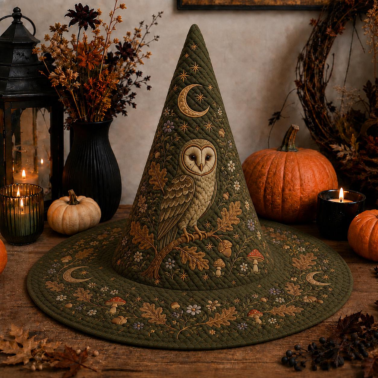 3D Print Quilted Witch Hat Owl Moon Halloween Decor, Woodland Witch Centerpiece, Cottagecore Fall De