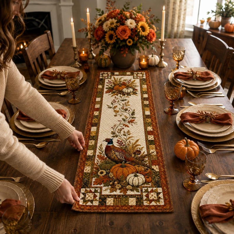 A person is setting the table for a meal, with a table runner featuring a seasonal design and autumn decorations.
