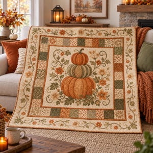 May include: A square quilt featuring a central stack of three pumpkins in orange and green tones, surrounded by floral vines. The border consists of a patchwork pattern of alternating green, orange, and cream squares, finished with a floral vine trim.