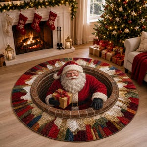 May include: A round rug featuring a 3D-style illustration of Santa Claus emerging from a brick chimney. Santa wears a red suit with white fur trim, black gloves, and a matching hat, holding a gold gift box. The rug has a decorative border.