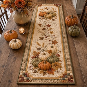 May include: A rectangular quilted table runner featuring an embroidered autumn motif of pumpkins, wheat stalks, and fall leaves in shades of orange, green, and cream, bordered by a small checkered pattern in matching seasonal earth tones.