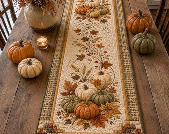 Fall Pumpkin Quilted-Style Table Runner, Thanksgiving Table Décor, Autumn Harvest Farmhouse Runner, Rustic Kitchen Centerpiece
