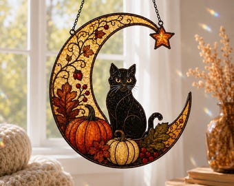 Black Cat Moon Suncatcher, Fall Pumpkin Window Hanging, Crescent Moon Cat Ornament, Halloween Fall Home Decor