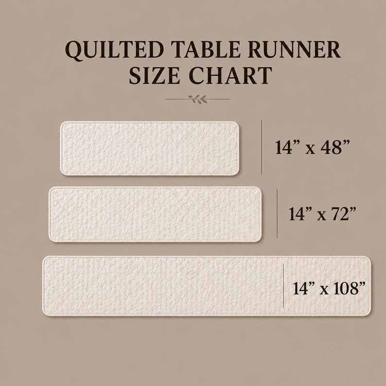 a size chart for a quilted table runner, with three rectangular images representing different sizes: 14" x 48", 14" x 72", and 14" x 108".