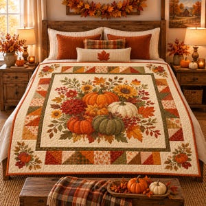 May include: A quilt featuring a central print of pumpkins, sunflowers, and autumn leaves in shades of orange, red, and green. The border consists of a geometric patchwork pattern in fall colors. The quilt is displayed on a bed with matching pillows.