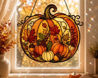 Pumpkin Fall Suncatcher, Autumn Acrylic Window Hanging, Maple Leaf Harvest Decor, Thanksgiving Pumpkin Ornament, Cozy Fall Gift