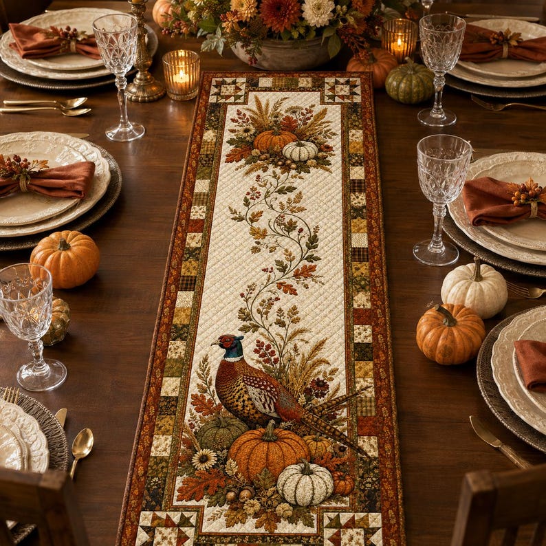 a beautifully set table with a centerpiece of a decorative runner that includes a pheasant, pumpkins, and other fall-themed elements. The table is set with plates, glasses, and other tableware, creating an inviting and festive atmosphere.