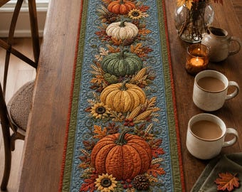 Quilted Pumpkin Table Runner, Fall Harvest Autumn Decor, Blue Orange Thanksgiving Runner