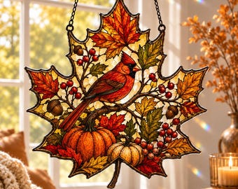 Cardinal Fall Suncatcher, Maple Leaf Acrylic Window Hanging, Pumpkin Autumn Decor, Red Bird Harvest Ornament, Thanksgiving Gift