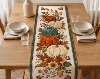 Fall Pumpkin Table Runner, Quilted Autumn Dining Decor, Harvest Floral Table Centerpiece, Thanksgiving Kitchen Runner Gift