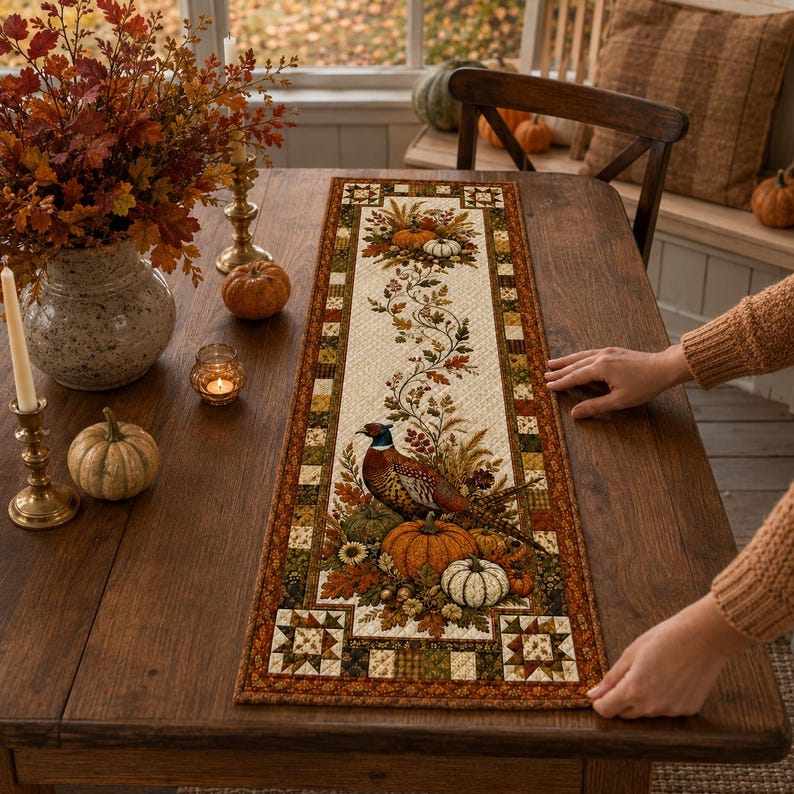 A person's hands are reaching for a decorative table runner with a seasonal autumn design, including a bird, pumpkins, and fall foliage. The table is set with a vase of flowers, candles, and other fall-themed decor, creating a cozy and festive atmosphere.