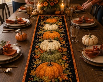 Black Pumpkin Table Runner, Quilted Fall Dining Decor, Autumn Harvest Table Centerpiece, Thanksgiving Farmhouse Kitchen Gift