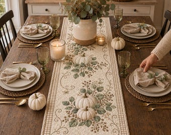 Neutral White Pumpkin Quilted Table Runner, Eucalyptus Farmhouse Fall Decor, Beige Gingham Thanksgiving Dining Table Centerpiece