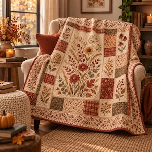 May include: A quilted throw blanket featuring a central panel with embroidered sunflowers, daisies, and autumn foliage. The border consists of patchwork squares in shades of cream, rust, orange, and olive green with floral and plaid patterns.
