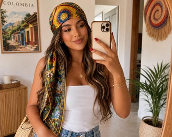 Colombia Patterns Satin Scarf, Colombian Girl Banada, Hair Scarf for Women, Colombia Heritage Gift