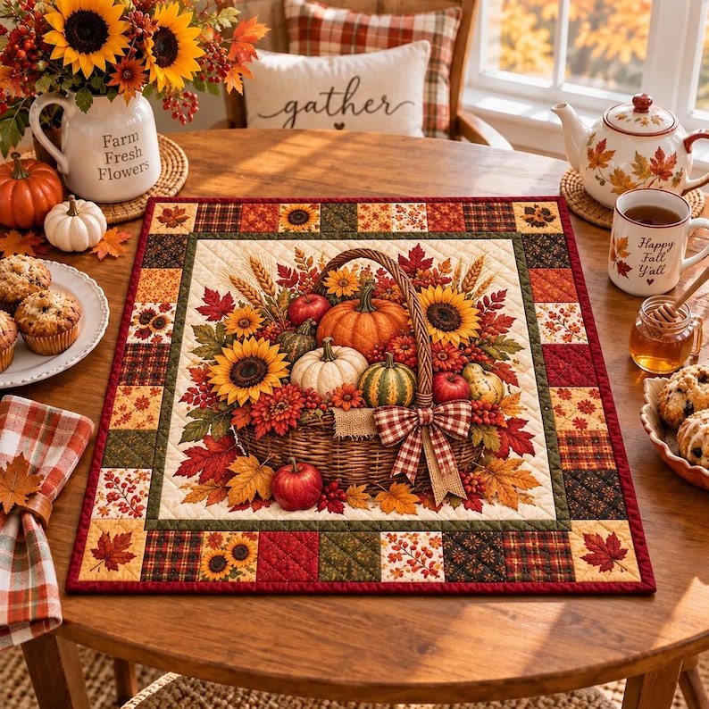 Autumn Harvest Quilted Table Placemat, Thanksgiving Pumpkin Floral ...