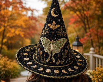 Celestial Moth Witch Hat Quilt Decor, Black Moon Patchwork Witch Hat, Lunar Phase Halloween Table Centerpiece, Gothic Witch Home Decor