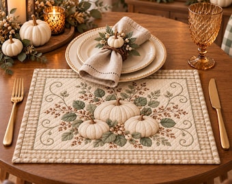 White Pumpkin Placemat, Quilted Fall Table Mat, Neutral Thanksgiving Decor, Farmhouse Autumn Dining Table Setting, Harvest Home Gift
