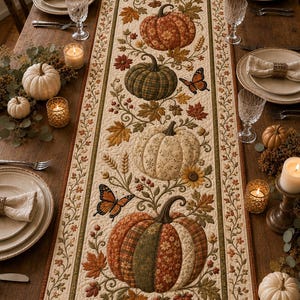 Fall Pumpkin Quilted Table Runner, Patchwork Autumn Table Decor, Thanksgiving Farmhouse Runner, Harvest Floral Butterfly Kitchen Decor