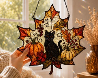 Black Cat Fall Suncatcher, Maple Leaf Acrylic Window Hanging, Pumpkin Autumn Decor, Halloween Cat Ornament, Thanksgiving Gift